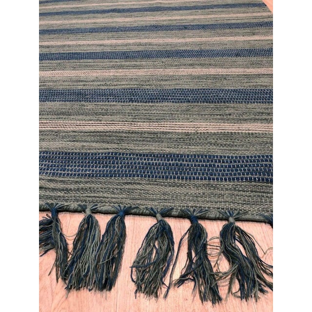 Textile 5x8 Blue Flat Weave Wool Bamboo Silk Coastal Horizon Striped Modern Carpet Rug For Sale - Image 7 of 7