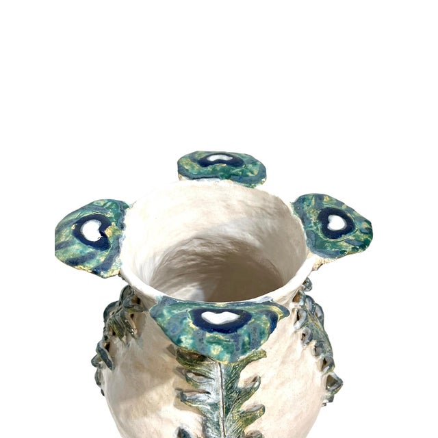 Majolica Vintage Italian Earthenware Vase With Stylized Peacock Feather Design For Sale - Image 4 of 15