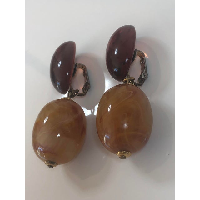 Brown 1970s Retro Lucite Amber Orange Oval Dangle Earrings, A Pair For Sale - Image 8 of 10