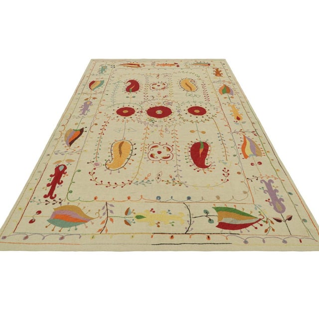 2010s Rug & Kilim’s Suzani Style Kilim in Cream With Polychrome Paisleys and Florals For Sale - Image 5 of 7