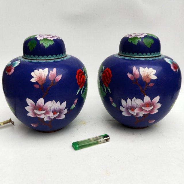 Pair of Vintage Cloisonné Jars | Blue Ground Butterfly & Floral Motif With Lids For Sale In Los Angeles - Image 6 of 9