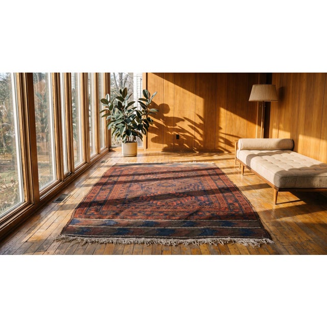 Textile 1890s Blue Navy Diamond Tribal Antique Baluch Turkman Rug 4'6" X '6'9" Handknotted Wool Carpet For Sale - Image 7 of 9