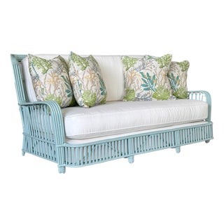 Restored Mid-Century Coastal Rattan Sofa in Catalina With Sunbrella Fabric For Sale