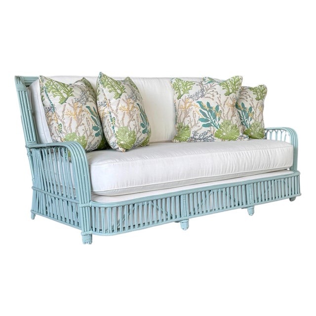 Restored Mid-Century Coastal Rattan Sofa in Catalina With Sunbrella Fabric For Sale