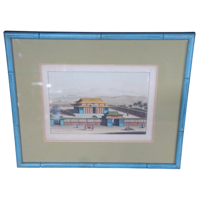 Vintage colored Pagoda Buddist Temple engraving by S. Bigatti featuring a vibrant asian landscape scene dotted with palm...