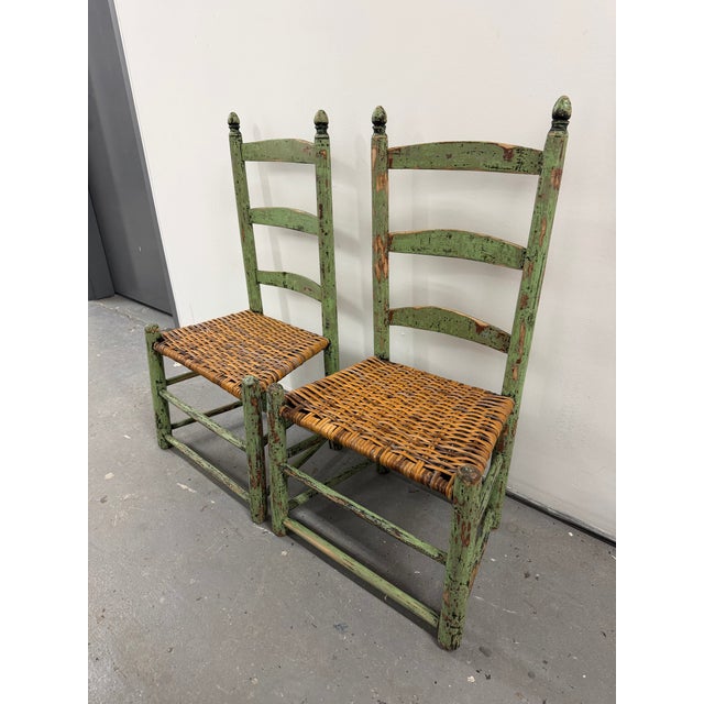 Early 19th Century Gorgeous Pair of Distressed Early American Shaker-Style Ladder Back Chairs With Original Green Paint For Sale - Image 5 of 12