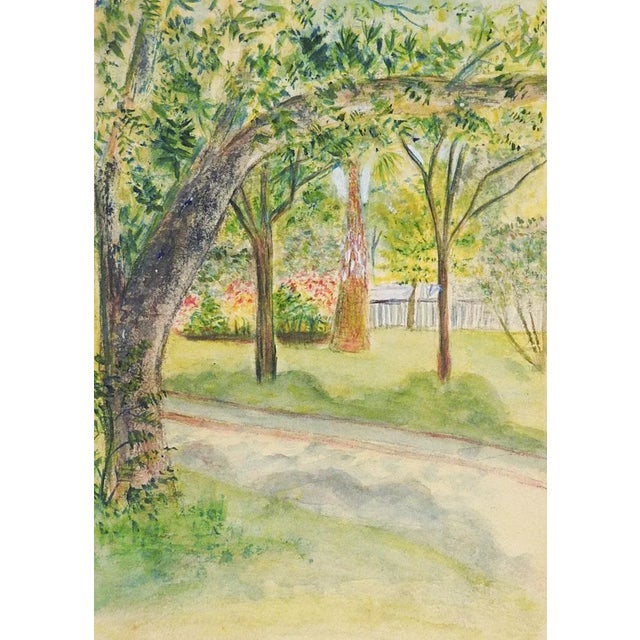 English Small Antique Plein Air Watercolor Garden Landscape Painting For Sale - Image 3 of 3