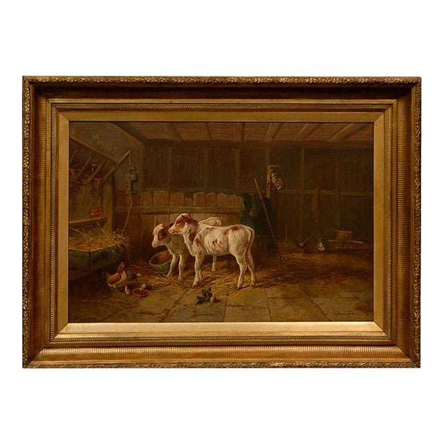 English 19th Century Oil on Canvas Farm Painting Depicting Calves and Chickens For Sale