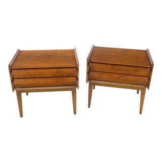 Two Drawers Walnut Mid-Century Modern End Side Night Stands Tables - A Pair For Sale