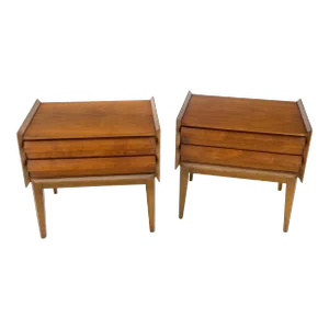 Two Drawers Walnut Mid-Century Modern End Side Night Stands Tables - A Pair