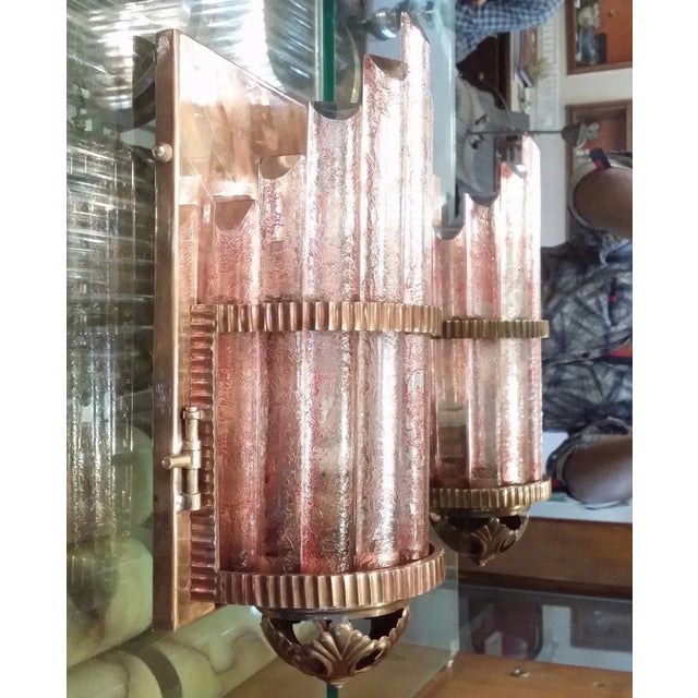 Art Deco Vintage Art Deco Skyscraper Metro Light Wall Sconces in Copper Red Cameo Glass - a Pair For Sale - Image 3 of 8