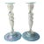 Pair of Steuben Glass Verre De Soie Candlestick Aquamarine Blue Trim For Sale