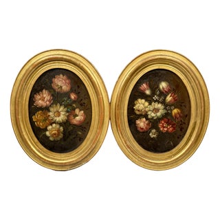 Oval Floral Still Lifes, 1800s, Oil on Canvases, Framed, Set of 2 For Sale