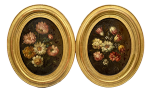 Oval Floral Still Lifes, 1800s, Oil on Canvases, Framed, Set of 2