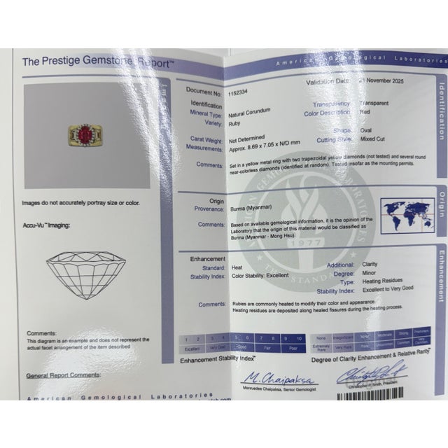 Red 1980s Agl Certified Burma Ruby, Yellow Diamond and Diamond Ring, Size 5.25 For Sale - Image 8 of 10