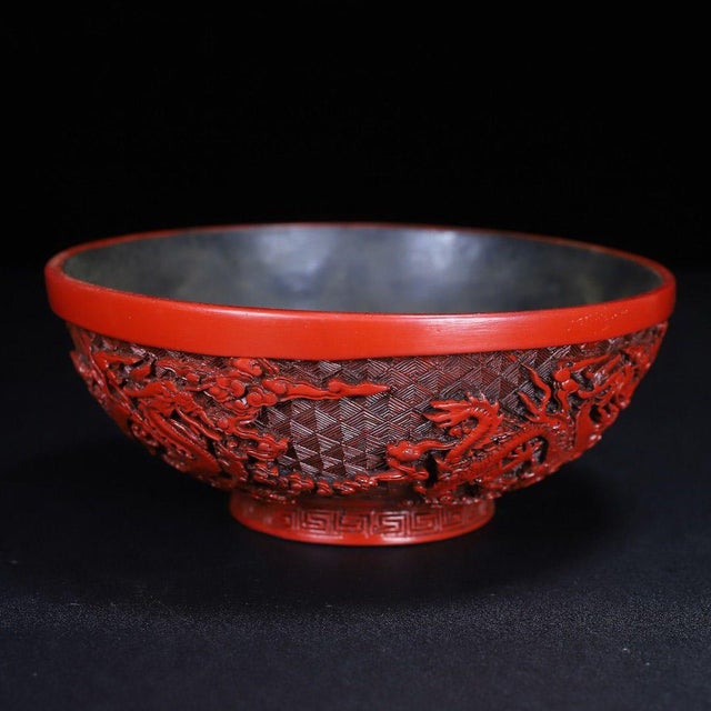 1980s Vintage Chinese Cinnabar Carved Lacquer Bowl With Dragon Motif For Sale - Image 5 of 10