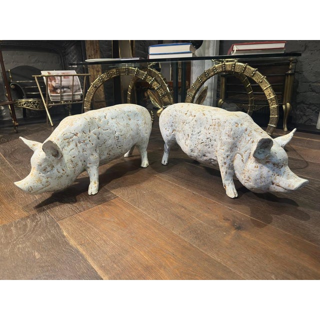 Painted White Cast Iron Pigs, Set of 2 For Sale - Image 12 of 15