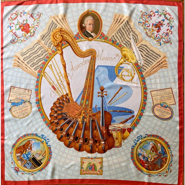 HERMÈS MOZART 1991 Silk Scarf designed by Abadie Julie For Sale