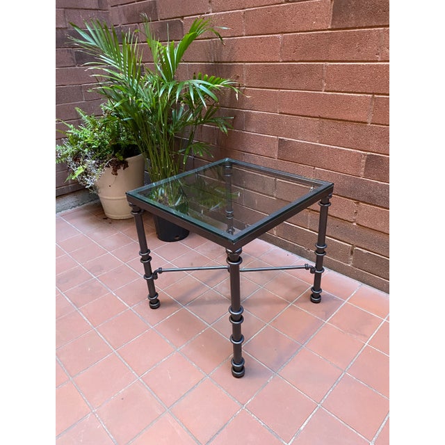 Mid-Century Modern Vintage Giacometti Style Wrought Iron Side Table With Thick Glass Top For Sale - Image 3 of 7