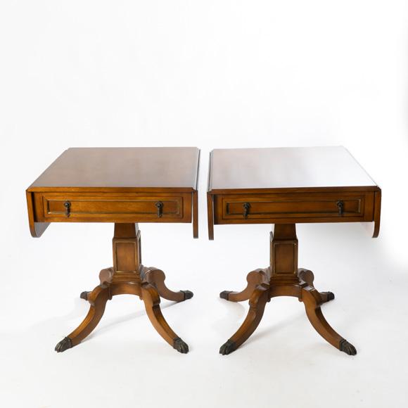 Pair of side tables. Unique feet and supports. Dovetailed drawers. Interesting design on edge of tables.