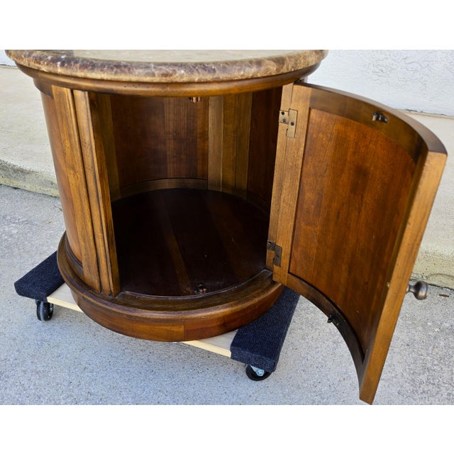 English Vintage Round Brown Marble Top Drum Side End Center Table With Storage Cabinet For Sale - Image 3 of 13