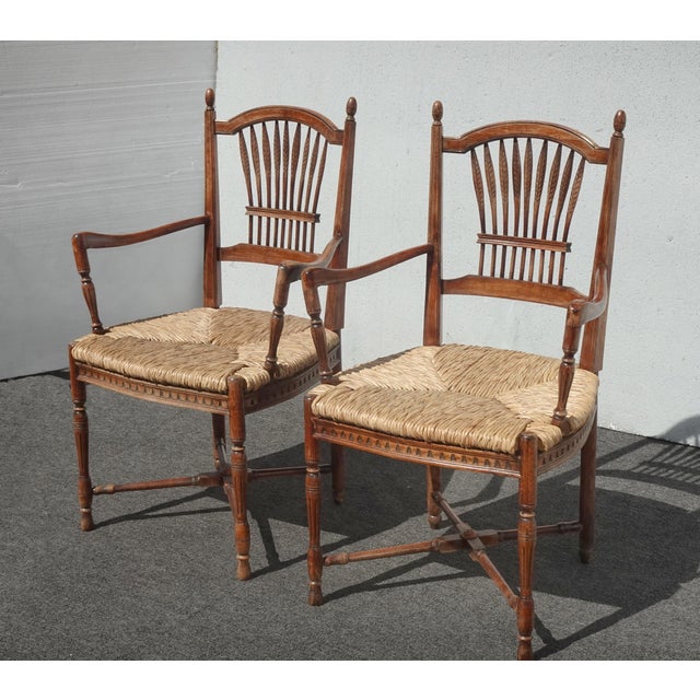 French Country Pair of Vintage Rustic French Country Rush Seat Wheat Sheaf Arm Chairs ~ Dark #3 For Sale - Image 3 of 16