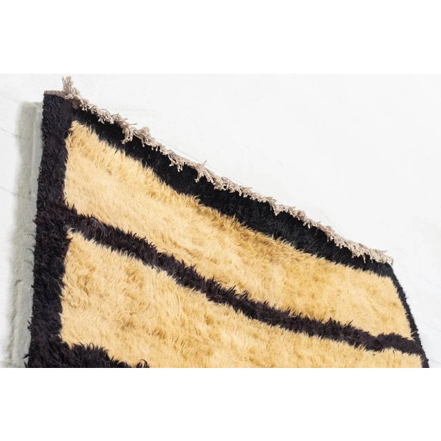 Vintage Handmade Turkish Tulu Beige and Brown Black Striped Wool Tribal Shag Floor Rug, 5’ X 8’ For Sale - Image 4 of 10