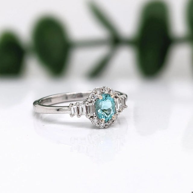 Modern Blue Afghan Tourmaline Ring with Earth Mined Diamond in Solid 14k Gold Oval 5.5x4mm For Sale - Image 3 of 8
