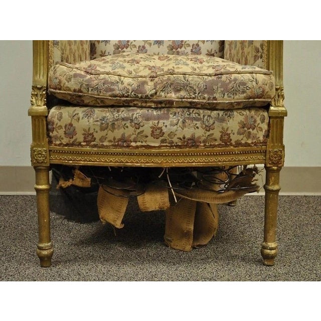Antique French Louis XVI Victorian Gold Gilt Wood Wing Back Bergere Arm Chair For Sale - Image 4 of 10
