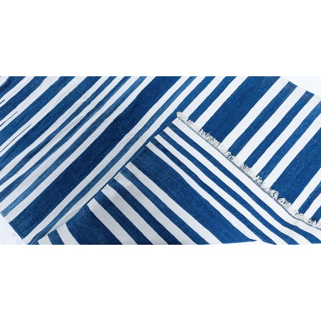 Blue Doris Leslie Blau Dhurrie Mid-Century Stripes White Handmade Runner For Sale - Image 8 of 8