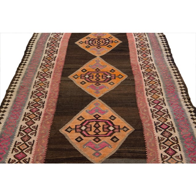 Tribal Brown Vintage Kilim Handmade Flatweave Tribal Motif Wool Runner For Sale - Image 3 of 10
