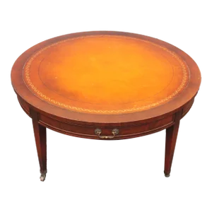 1940's Traditional Style Leather Top Round Coffee Table W/ Storage