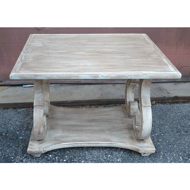 Wood Mid 20th Century White Washed Two Tiered Side Table With Scroll Details For Sale - Image 7 of 7