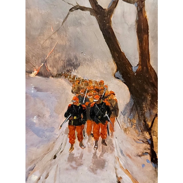 Late 19th Century Napoleonic Soldiers Marching in a Winter Landscape -1870s Oil Painting For Sale - Image 5 of 8