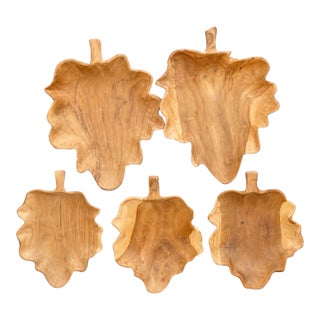 Vintage Hand-Carved Solid Teak Leaf Serving Boards – Set of 5 For Sale