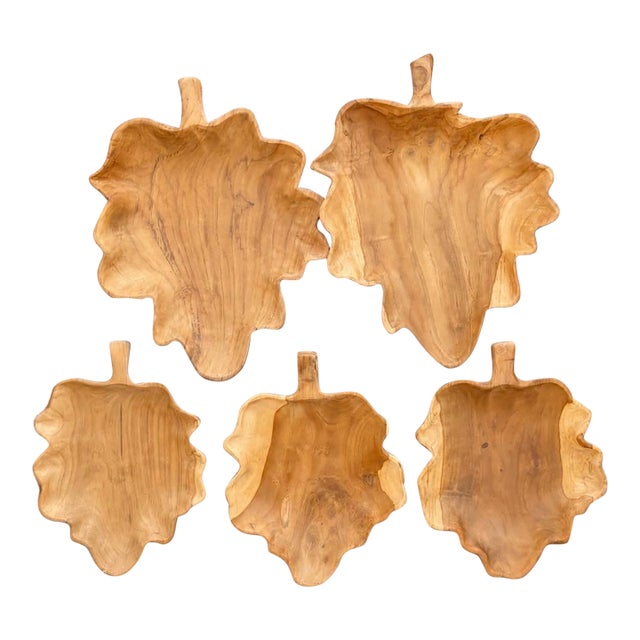 Vintage Hand-Carved Solid Teak Leaf Serving Boards – Set of 5 For Sale