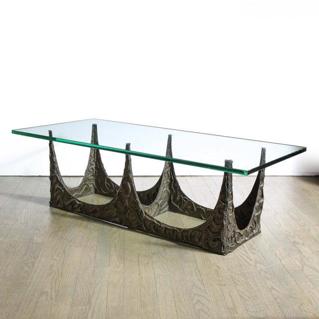 Mid-Century Modern Paul Evans Signed & Dated Rectangular Sculpted Bronze and Glass Cocktail Table For Sale - Image 3 of 12
