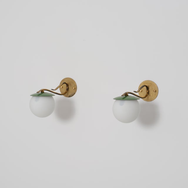 Vintage Italian Green Enameled Metal and Opaline Glass Wall Sconces, 1950s, Set of 2 For Sale - Image 15 of 15