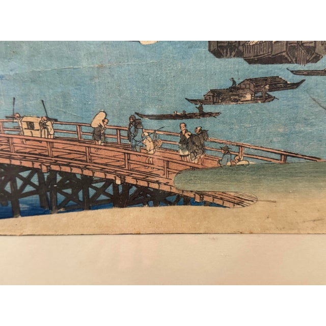 Antique Edo-Period Japanese Woodblock Print by Utagawa Hiroshige — Eitai Bridge With Fishing Boats, C. 1830s–1850s For Sale - Image 4 of 9