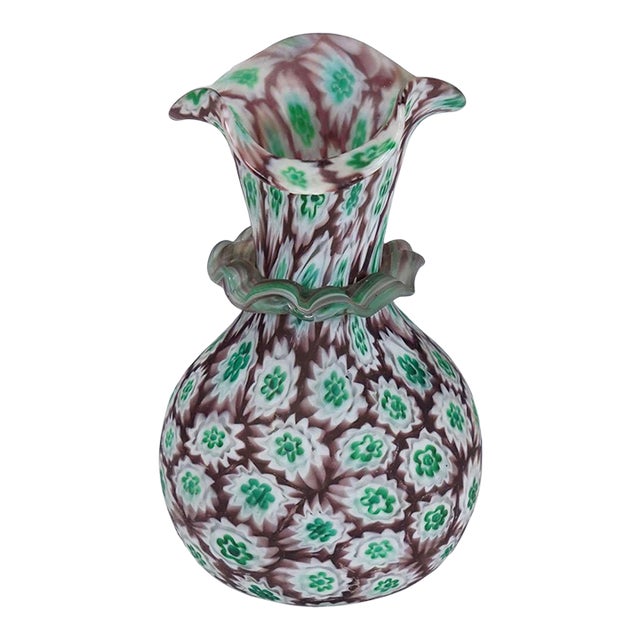 Antique Millefiori Vase Green and Brown With Rim, Fratelli Toso Murano Ca. 1920s For Sale