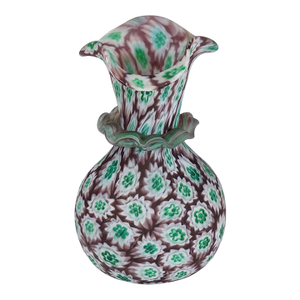 Antique Millefiori Vase Green and Brown With Rim, Fratelli Toso Murano Ca. 1920s