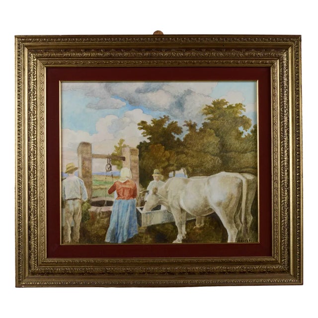 Cesare Peruzzi, Next to the Well, Oil on Canvas, Framed For Sale
