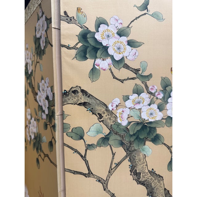 Mid 20th Century Japanese Four-Panel Hand-Painted Silk Byōbu Screen With Birds & Blossoms For Sale - Image 10 of 11