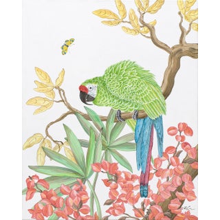 "Welcome to the Jungle" Tropical Parrot Bird Painting in the Chinoiserie Style by Allison Cosmos For Sale