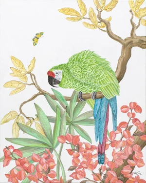 "Welcome to the Jungle" Tropical Parrot Bird Painting in the Chinoiserie Style by Allison Cosmos