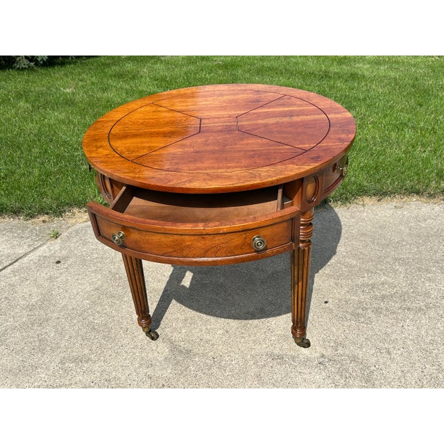 Neoclassical Vintage Henredon Federal-Style Round Center Table | Traditional Neoclassical Occasional Table With Drawer & Brass Casters For Sale - Image 3 of 11