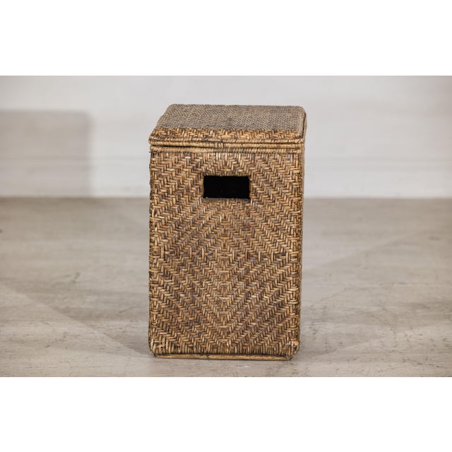 Mid 20th Century Vintage Rattan Over Wood Storage Basket with Removable Lid and Side Handles For Sale - Image 5 of 17