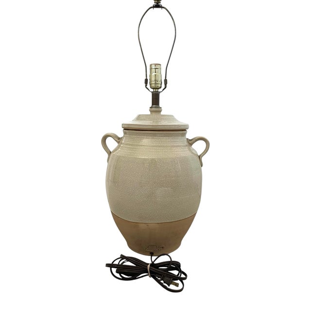 1990s Vintage Rowe Pottery Works, Handcrafted Ceramic Table Lamp., Crackle, Distressed Combined Matte and Neutral Crackled Glaze Finish. For Sale - Image 5 of 8