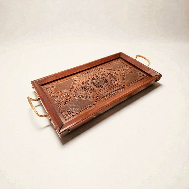 Antique Edwardian Hand-Carved Wooden Serving Tray with Brass Handles, England, 1890s For Sale - Image 4 of 15