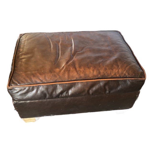 1970s Texas Western Genuine Distressed Leather Footed Usa Made Ottoman For Sale